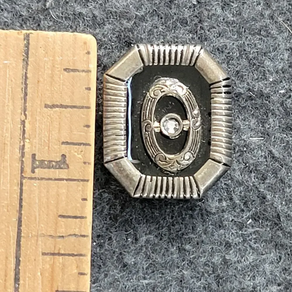 Vintage Art Deco Cufflinks Silver Tone Black Enamel‎ Glass Centerpiece Geometric